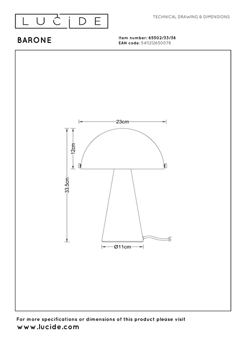 Lucide BARONE - Lampe de table - Ø 23 cm - 1xE27 - Crème | Vibes - technique